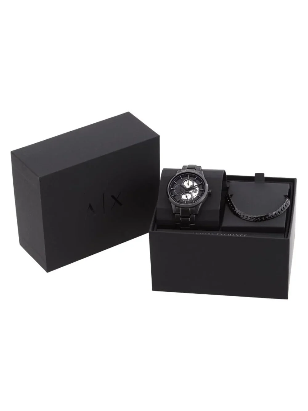 NWT Armani Exchange Quartz Black Dial Men's Watch and Chain Necklace Set